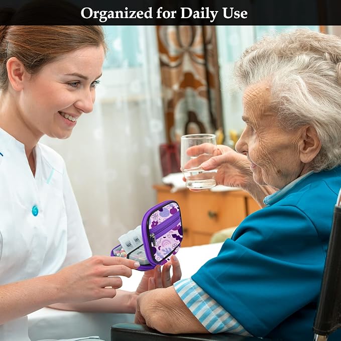 Serfeymi Weekly Travel Pill Organizer Pill Case for Purse with Removable 7 Day Pill Box, Fashionable Travel Medicine Organizer Pill Container for Medicine, Vitamin - Purple 02