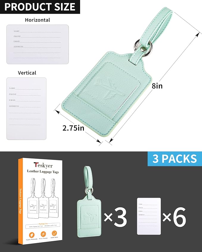 Teskyer Luggage Tags, 3 Pack Premium PU Leather Luggage Tags for Suitcases, Privacy Protection Travel Bag Tags, Lichee Light Green
