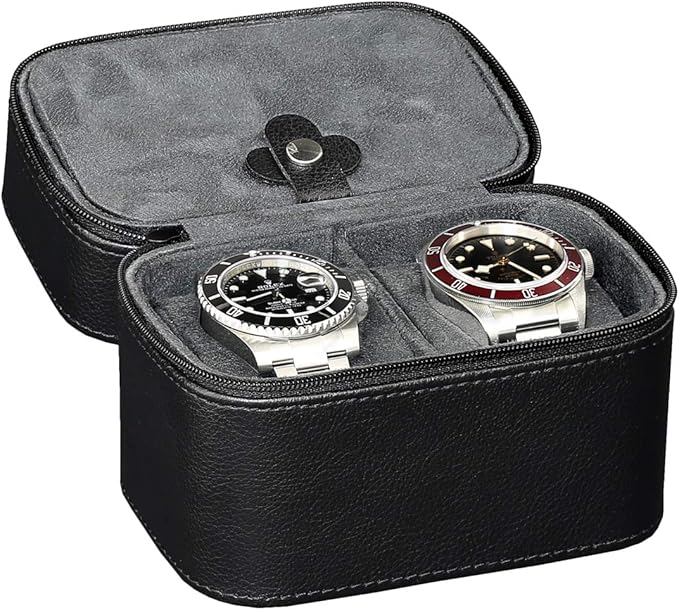 ROTHWELL 2 Watch Travel Case Storage Organizer for 2 Watches | Tough Portable Protection w/Zipper Fits All Wristwatches & Smart Watches Up to 50mm (Black/Grey)