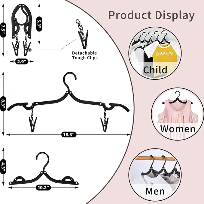 12pcs Black Travel Hangers with 24pcs Clips Foldable for Suitcase, Portable Folding Clothes Hangers, Cruise Ship Essentials Drying Rack for Portable Travel Accessories