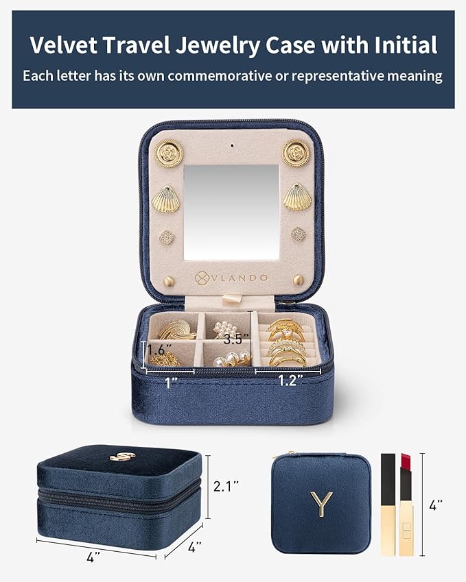 Vlando Girls Fashion Jewelry Box Mini Case - Dark Blue, Initial - Y
