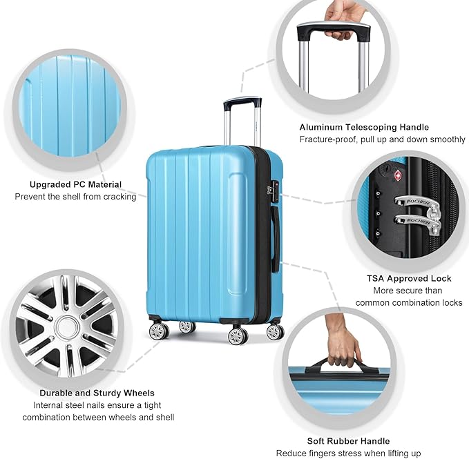 FOCHIER F Luggage Sets, Expandable 3 piece Hard Shell Luggage Set with TSA Lock, PC+ABS Hardside Travel Suitcase with Wheels for Women Men 20 24 28 Inch (Blue)