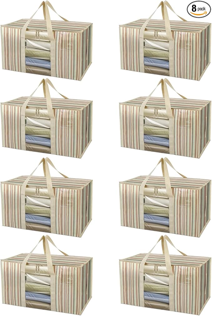 BALEINE 8-Pack Oversized Moving Bags with Reinforced Handles, Heavy-Duty Storage Tote for Clothes, Moving Supplies (Color Stripe with Window, 8-Pack)
