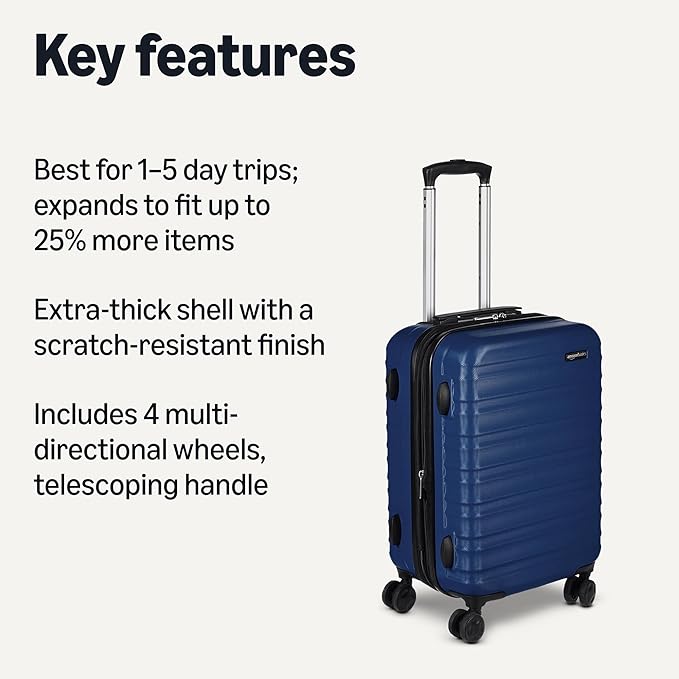 Amazon Basics 21" Hardside Carry-On Luggage, Hardshell Suitcase With Wheels, Expandable For Up to 25% More Space, With Scratch-Resistant Surface, Four Multi-directional Wheels, Navy Blue
