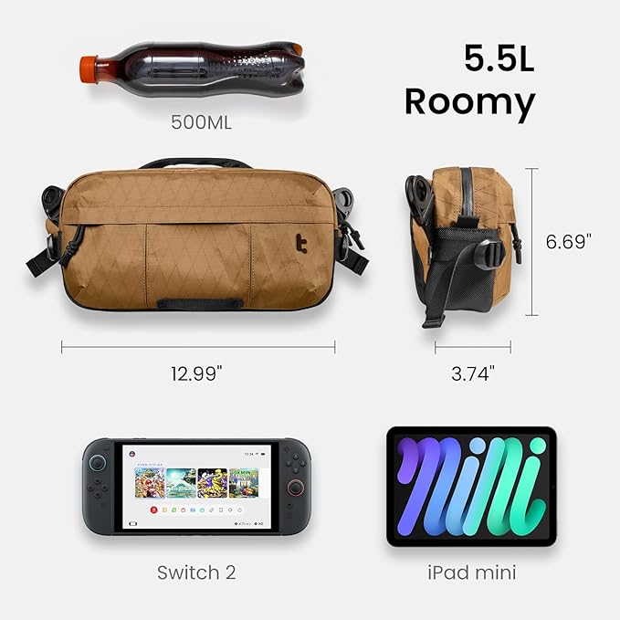tomtoc 5.5L X-Pac Sling Bag for Nintendo Switch 2, Heavy Duty Crossbody Bag for Men, Water-resistant Carry Chest Daypack Travel Shoulder Pack for Steam Deck OLED, ROG Ally X, iPad mini, Tactical