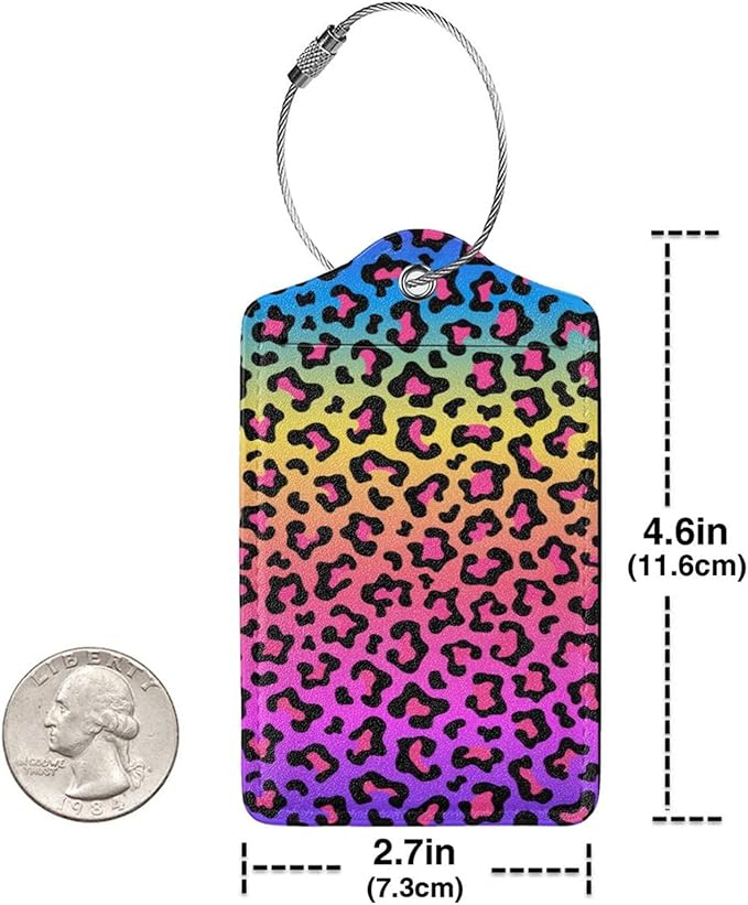Rainbow Leopard Print 2 Pack Luggage Tags for suitcases Cute Color Leopard Luggage Tag, Leather Stainless Steel Loop Label Tag for Men Women Travel Bag Suitcase（Leopard）
