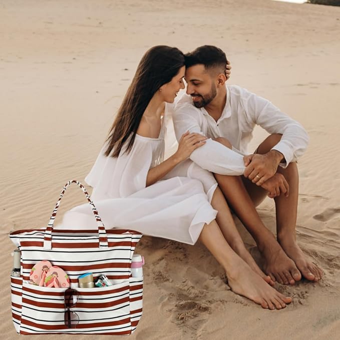 LEDAOU Large Beach Tote Bag Women Waterproof Sandproof Zipper Beach Tote Bag for Pool Gym Grocery Travel with Wet Pocket