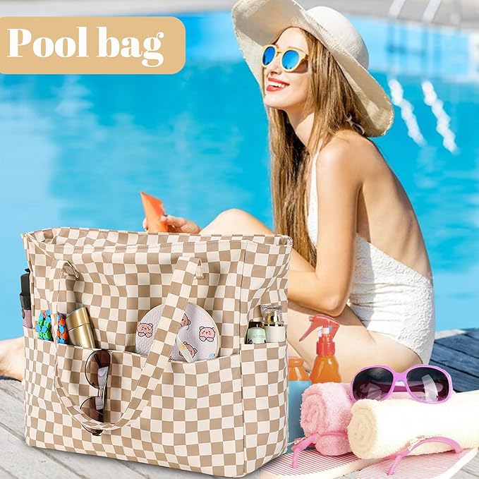 LEDAOU Large Beach Tote Bag Women Waterproof Sandproof Zipper Beach Tote Bag for Pool Gym Grocery Travel with Wet Pocket