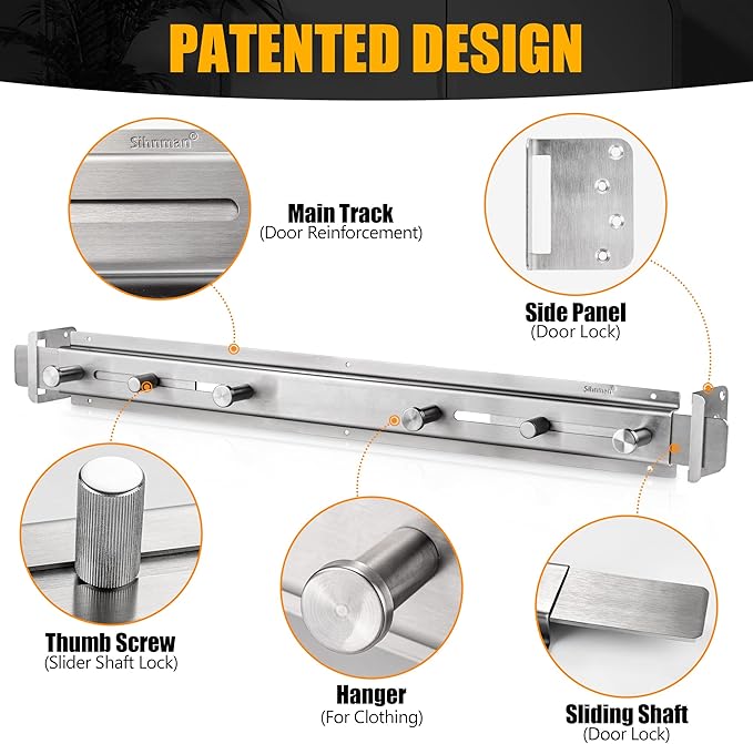 Door Barricade Bar with Door Hook Door Hanger (SUS) Patented Design for Security Reinforcement and Home Protection. Stop House Invasion and Intruder on Front Door, Bathroom and Bedroom. Childproof.