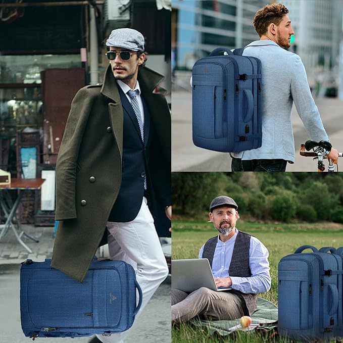 Large Travel Laptop Backpack for Men, 50L Carry On Backpack, Expandable Laptop Bag Water Resistant Overnight Weekender Gym Daypack Traveling Backpack, Traveler Gifts, Blue