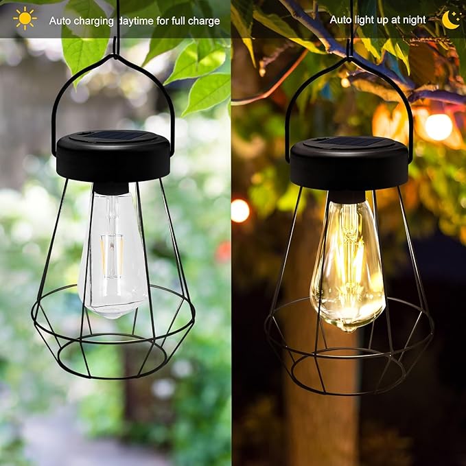 Solar Lanterns Outdoor Lights,Metal Hanging Solar Lights Outdoor Waterproof,Auto On/Off with Edison Bulb Retro Light for Yard Garden Patio Backyard Pathway Decor 2 Pack