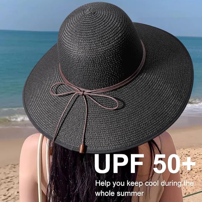 DRESHOW Beach Hats for Women Big Straw Wide Brim Summer Hat Floppy Foldable Roll up Cap Sun Hat UPF 50+