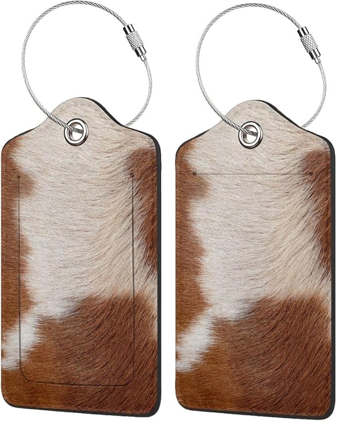2 Pcs Funny Brown Cowhide Pattern Luggage Tag for Suitcase, Farm Animal Birthday Gift Women Men Boy Girl, Steel Loop with Privacy Cover ID Label