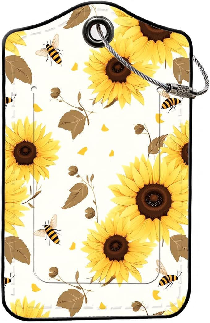 Luggage Tags for Suitcases, 2-Pack PU Leather for Cruise & Travel, Baggage ID Tags with Privacy Cover & Address Card, Durable Metal Ring, Kids Adults Travel Accessories, Sunflower Buzz