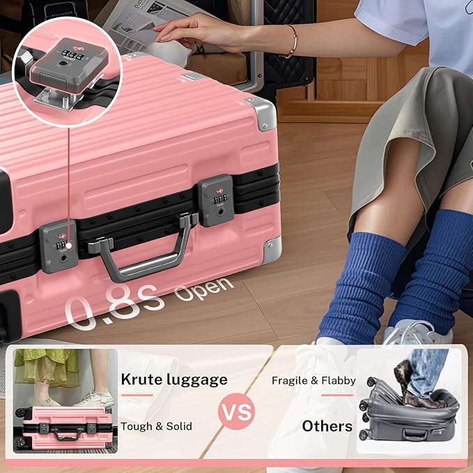 Krute Luggage 28 Inch Aluminum Frame Luggages TSA Lock No Zipper Checked Suitcase with Spinner Wheels Hardshell Lightweight PC+ABS Large Suit Case