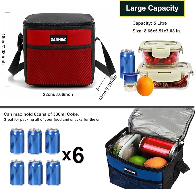 6 Can/5L Lunch Bag for Women Men Portable Lunch Box Small Cooler Bag Soft Collapsible Reusable Insulated Lunch Tote for Everyday Work Travel (Blue)