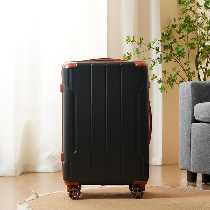 Merax Luggage Sets 3 Piece Hardshell 8 Spinner Wheels Lightweight Suitcase Corner Guards Travel Luggage (Black brown 20IN 24IN 28IN)