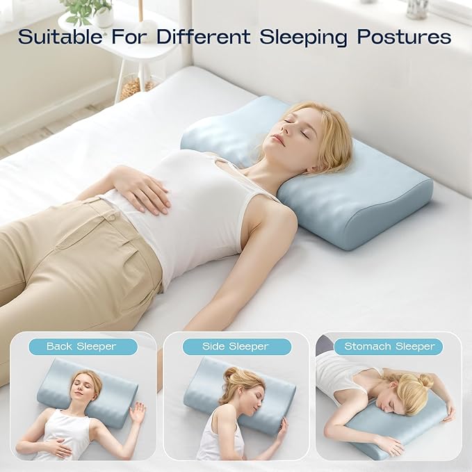 Cervical Neck Pillow for Sleeping - Memory Foam Pillows, Orthopedic Pillow for Neck and Shoulder Pain, Adjustable Cooling Contour Pillow (Misty Blue, Queen)