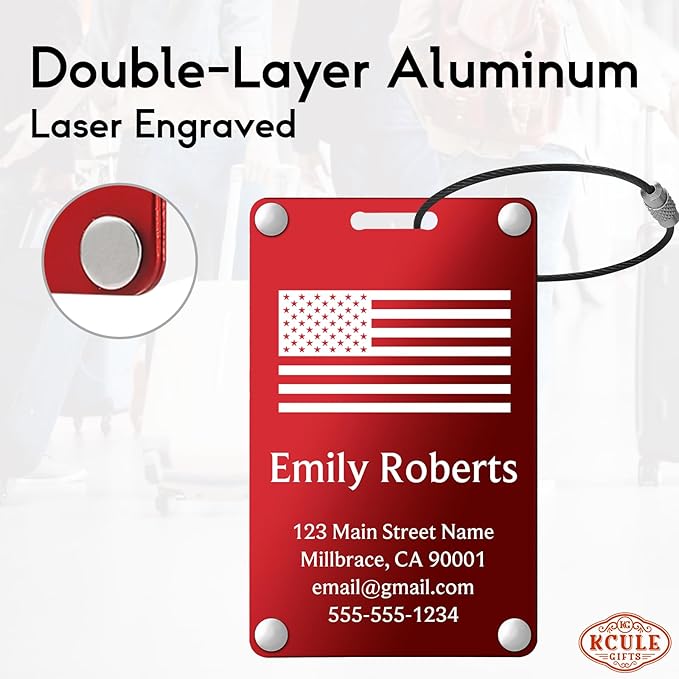 Personalized Luggage Tags: Custom Metal Luggage Tags for Suitcases, Backpacks and Bags with Your Personalized Text (Red)
