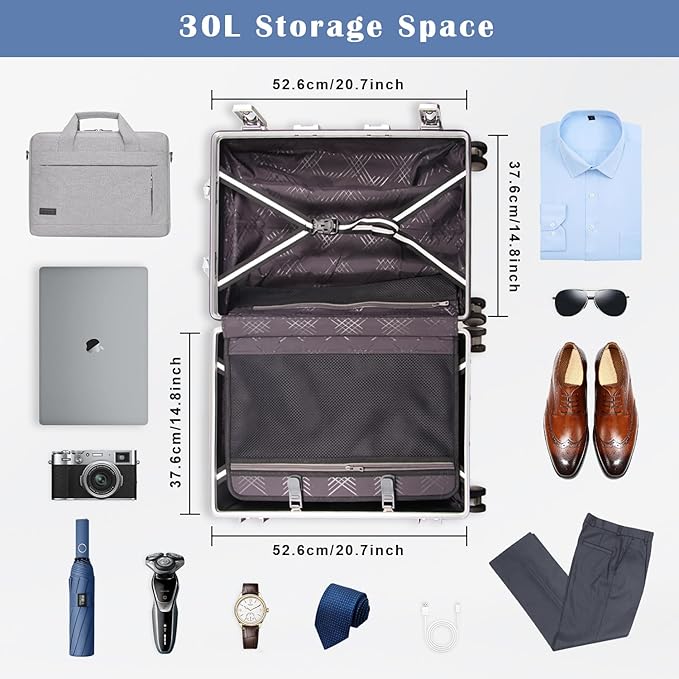 DOMINOX All Aluminum Carry On Luggage Hard Shell Luggage Aluminum Suitcase for Travel Zipperless Luggage Checked Luggage with Silent 360° Spinner Wheels 20 In. (Vertical Grain Style, Sliver)