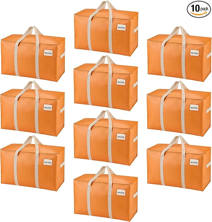 VENO 10 Pack Moving Bags, Heavy Duty, Moving Boxes Alternative, Packing Storage Supplies, Dorm Room Essentials with Zipper for Clothes, Extra Large Packaging Totes (Seasonal Autumn Orange, 10 Pack)