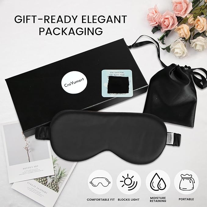 Pure 22 Momme 6A Grade Mulberry Silk Sleep Mask for Side Sleepers - 100% Blackout Eye Mask with Travel Pouch (Black)