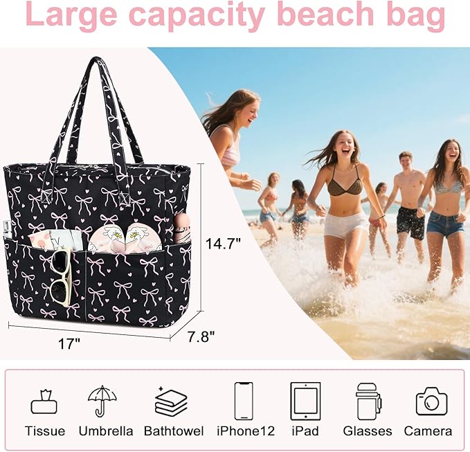 LEDAOU Large Beach Tote Bag Women Waterproof Sandproof Zipper Beach Tote Bag for Pool Gym Grocery Travel with Wet Pocket
