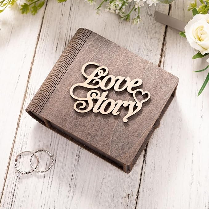 Personalized Double Ring Box – Rustic Wooden Engagement & Wedding Ring Holder with Wedding Ring Bearer Pillow - Engraved Proposal Jewelry Case Gift
