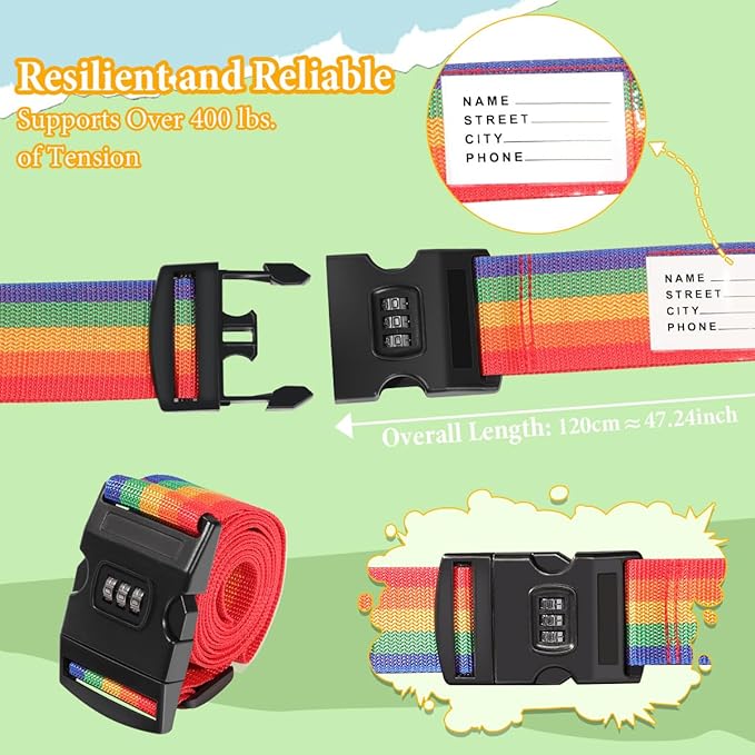 Adjustable Luggage Straps with Combination Lock – 4 Pack Bright Colors, Quick-Release Buckle, Secure Travel Luggage Straps for Added Safety（Multicolour）