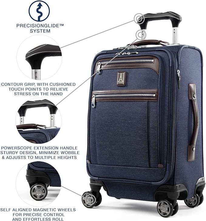 Travelpro Platinum Elite Softside Expandable Carry on Luggage, 8 Wheel Spinner Suitcase, USB Port, Laptop and Tablet Sleeves, Men and Women, True Navy Blue, Carry On 20-Inch