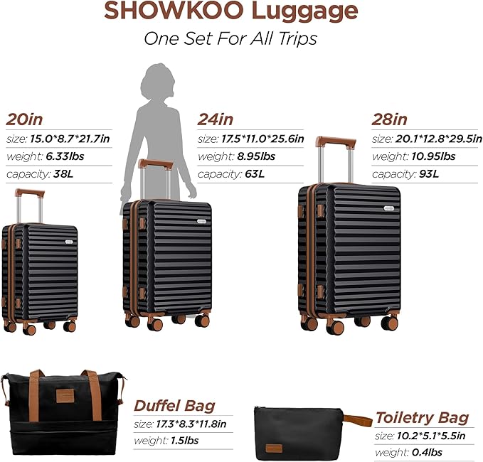 SHOWKOO Luggage Sets 3 Piece Hardside Expandable Suitcase with Double Spinner Wheels Tsa Lock, (Black, 5 piece set)