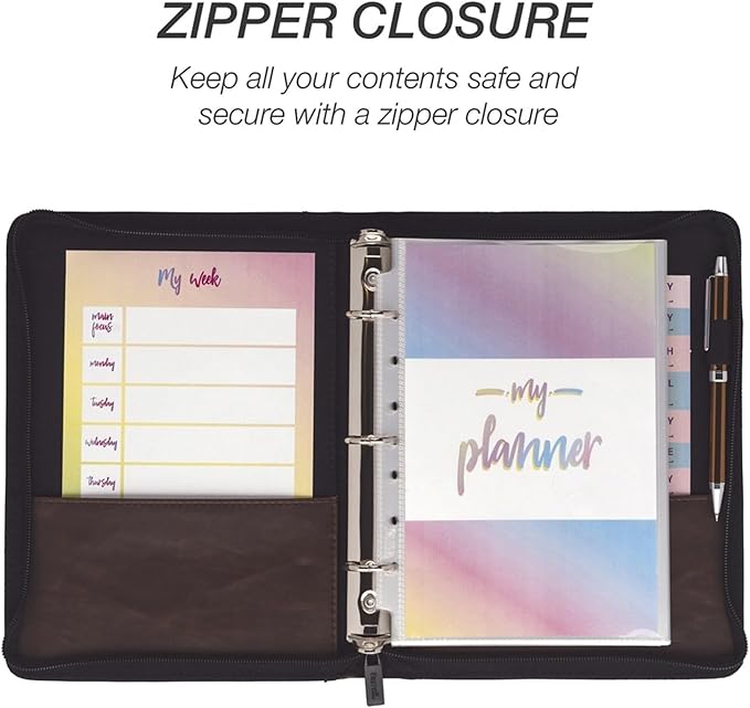 Samsill Vintage Leather Mini 3 Ring Zipper Binder, 1 Inch Round Ring Capacity (Holds 200 Sheets), 5.5 x 8.5 Inch Documents, Notebook Organizer, Planner, Brown