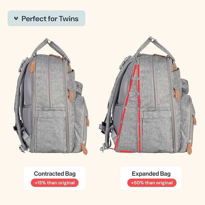 BabbleRoo Extra Large Diaper Bag Backpack, Expandable Baby Bag with Up to 50% More Capacity - Travel Essentials Baby Bag Tote with Changing Pad, Stroller Straps & Pacifier Case - Unisex, Light Gray