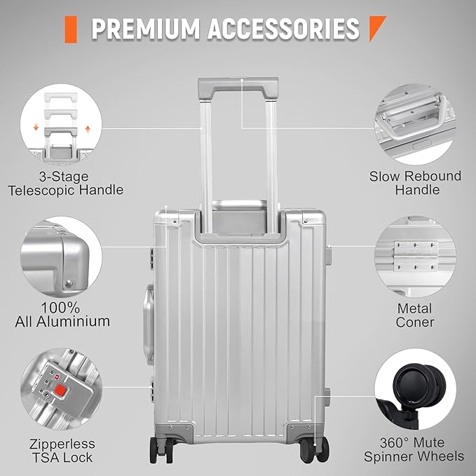 UrbanExplorer 24Inch All Aluminum Check In Luggage Heavy Duty Hard Shell Suitcases with Spinner Wheels, Zipperless Suitcase with TSA Lock, Large Luggage for Business Travel, Sliver