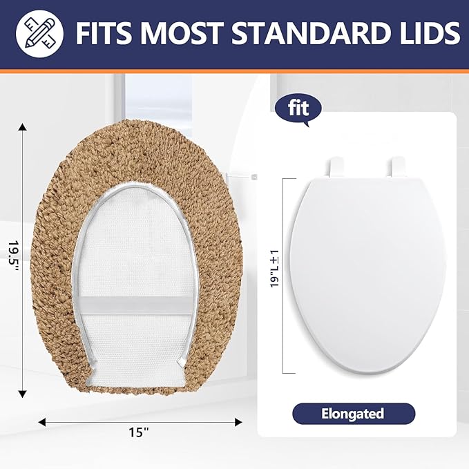 Microfiber Elongated Toilet Seat Cover 19.5"x 15" Machine Washable Solid Toilet Lid Cover Adjustable Rubber Backing Fits Most 18-19.5" L x 14-16" W Elongated Toilet Seat