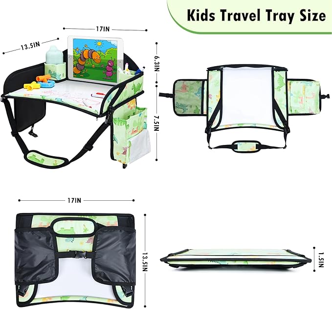 3PCS Kids Travel Tray for Airplane - Toddler Car Seat Table Tray, Road Trip Essentials for Boys & Girls, Carseat Lap Desk for Kids Road Trip Activities (Pink/Green-/Purple)