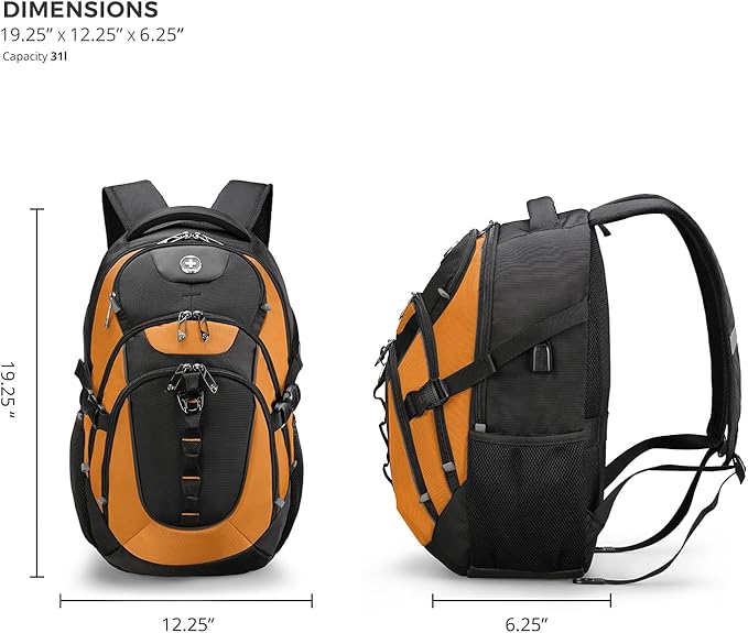 Swissdigital Design Laptop Backpack with USB Charging Port, TSA Travel Backpack Fits 15.6 inches Computer, 31L College School Backpack for Men, Orange/Black | SD803
