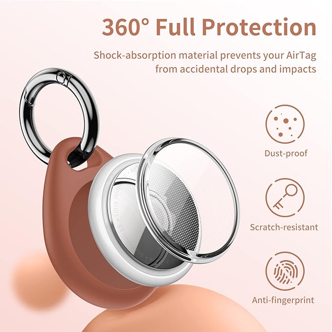 UNBREAKcable Holder for Apple AirTag - 4 Pack [Fit Tightly Design] [Easy to Install] [Hold Air Tag Securely] Waterproof TPU Shell Protective Case with All Metal Keychain Key Ring Clip (Black&Brown)