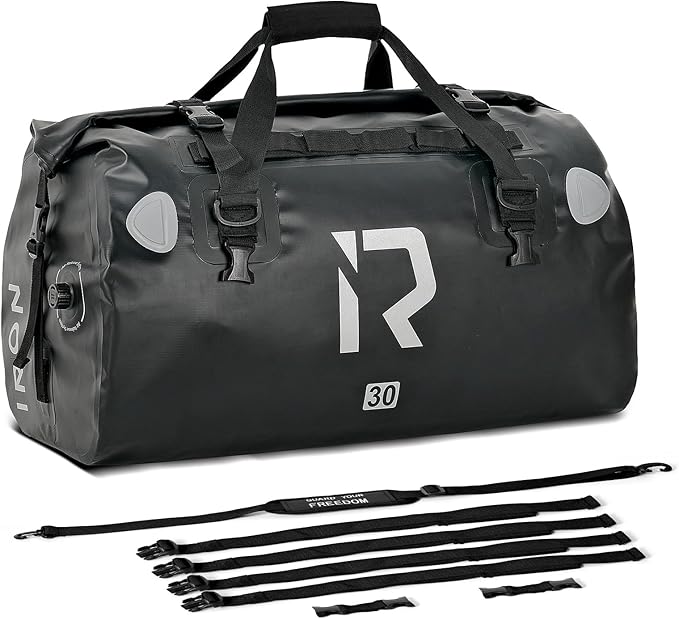 IRON JIA'S Motorcycle Dry Bag - Waterproof Duffle & Luggage Tail Bag Saddle Bags with Roll Top Closure, Shoulder Straps, Inner Pocket and Mesh Pocket (Black, 30L)