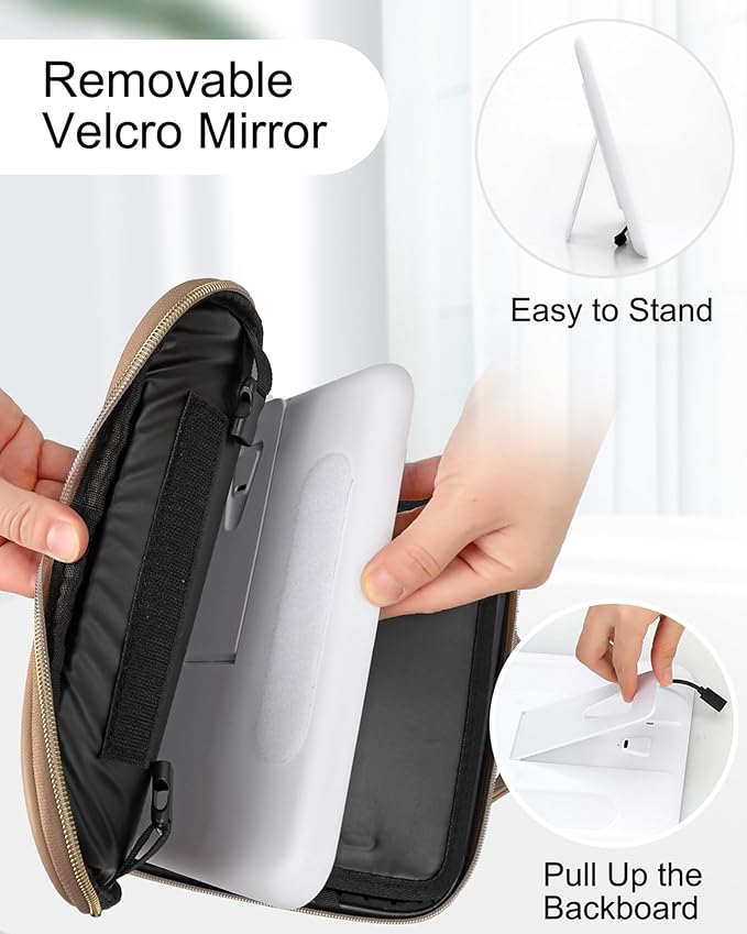 Relavel Makeup Bag with Light Up Mirror, Makeup Case Travel Cosmetic Bags Brush Organizer Storage Box, Rechargeable Vanity Mirror with 3 Color Lights, High Frame Mirror Protection (Brown)