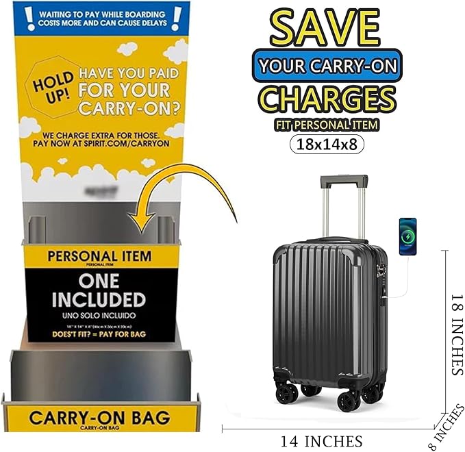 Personal Item Small Suitcase 18x14x8 Inches Hardside Built In TSA Lock & USB Port Lightweight Luggage With Removable Silent Wheels Underseat Carry-On Bag For Spirit and Frontier (Black)