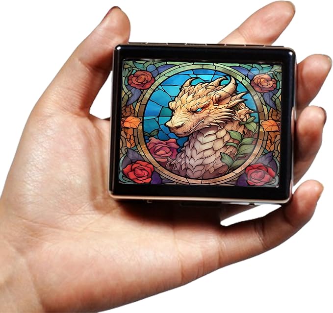 Silver Vintage Pill Box 7 Day Metal Pill Box with Mirror and 8 Compartments Cute Travel Pill Organizer for Purse (Dragon Stained Glass)