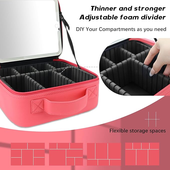 Makeup Bag with Led Mirror,Travel Makeup Organizer with 3 Color Setting, Portable Storage and Adjustable Dividers Travel Makeup Bag(light red)