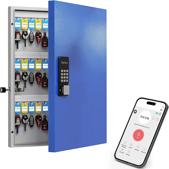 WeHere 72 Key Lock Box Wall Mount, Smart Key Cabinet with Key Tags, use OTP Share/APP Blutooth/Fixed Code Unlock,Large Key Safe Security Storage for School/Realtors/Office Key Management