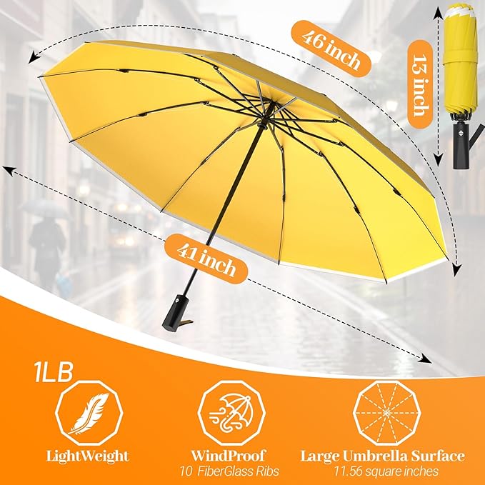 Travel Umbrella Superior, Beautiful & Compact, Large Strong but Light Portable and Automatic Folding Rain Umbrella, Premium Grip, Fits Car & Backpack