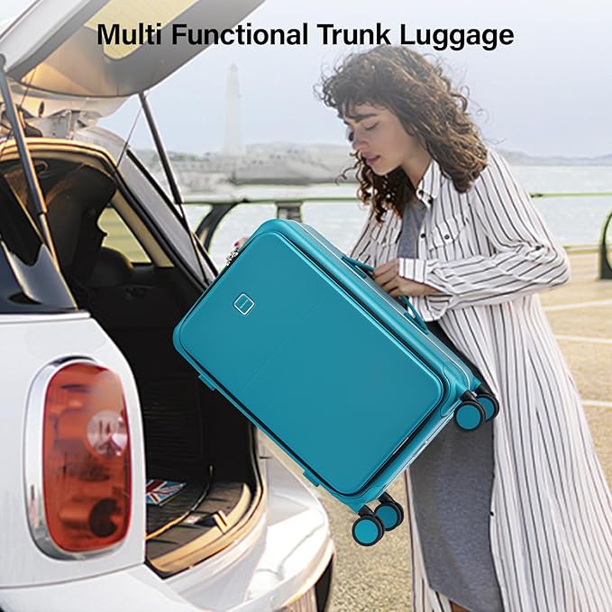 Hanke 20 Inch Carry On Luggage with Cup Holder and Charge,Top Opening Hard Shell Suitcases with Wheels and Dividers,Aluminum Frame Trunk Luggage Small Suitcase with Lock for Travel,Caribbean Blue