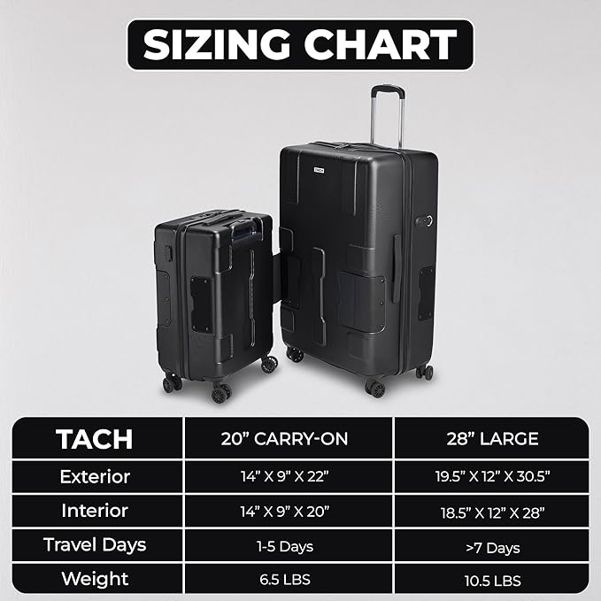 Tach V3.1 Hard Shell 2 Piece Luggage Set - 20 & 28 inch Luggage | Carry On & Large Checked Suitcases | Patented Built-In Connecting System | Rolling Suitcase Links 9 Bags (Black)