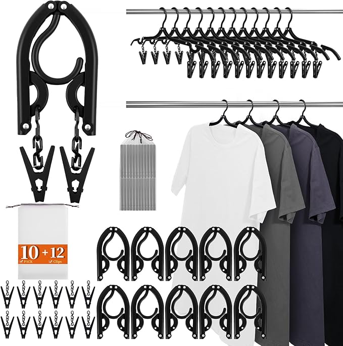 10 Pack Foldable Travel Hangers with 12 Clips - Portable Collapsible Clothes Hangers, Lightweight Folding Coat Hanger & Travel Drying Rack for Clothes