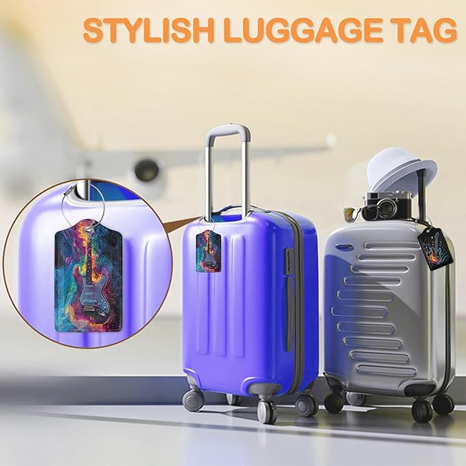 Electric Guitar Neon 3 PCS PU Leather Luggage Tags for Suitcase, Color Burst Guitar Luggage Tag with Privacy Flap, Name ID Label and Metal Loop for Women Men Baggage Handbag School Bag Backpack