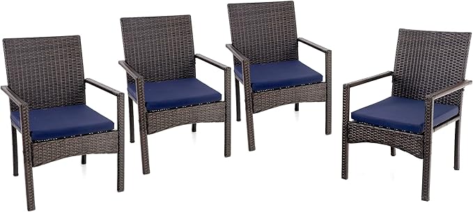 PHI VILLA 4 Pieces Patio Cushioned Rattan Chairs, Outdoor Modern PE Wicker Dining Armchair with Removable Cushions for Deck, Yard, Porch